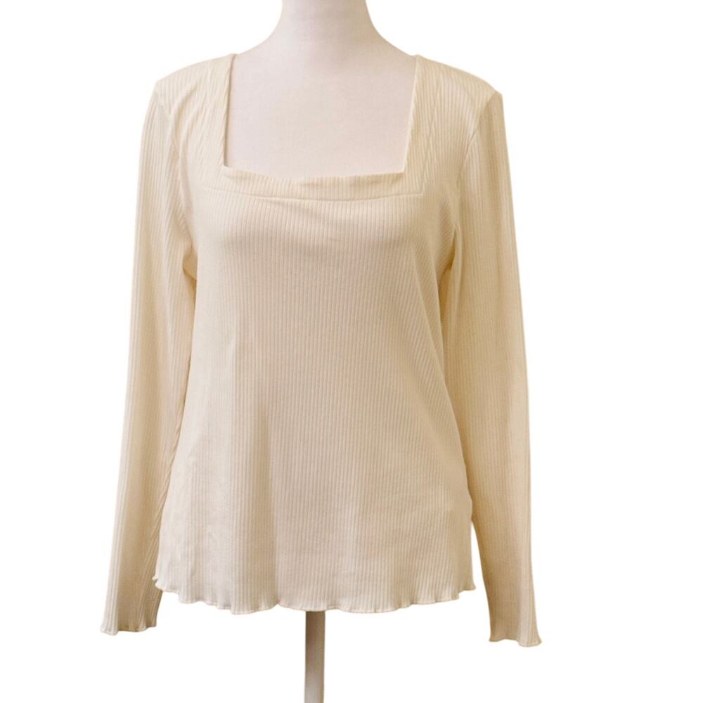 Candace Cameron Bure Long Sleeve White Ribbed Square Neck Blouse Size M